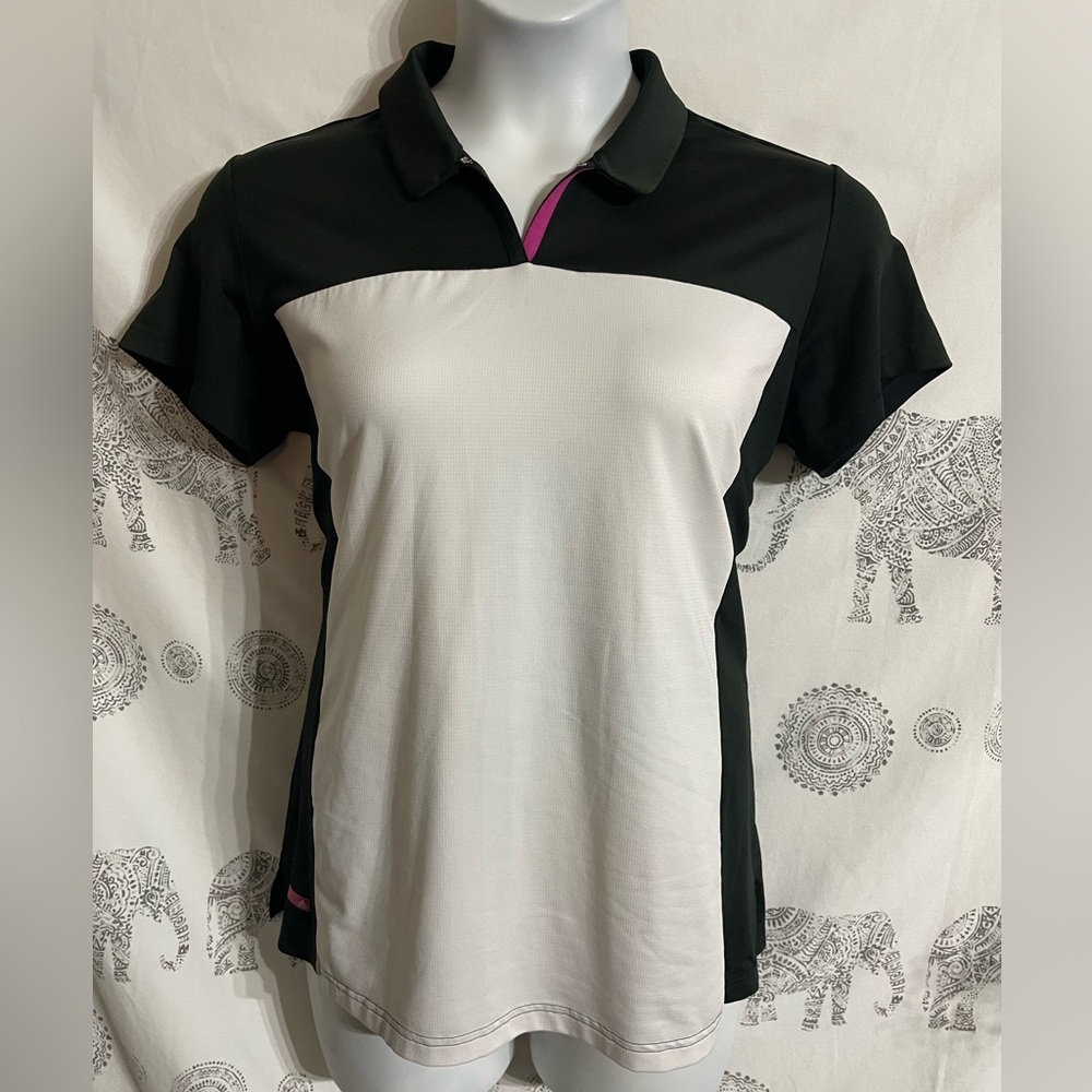 Women’s Large Adidas PureMotion Golf Silky Polo Shirt Black/White/Pink Good Cond
